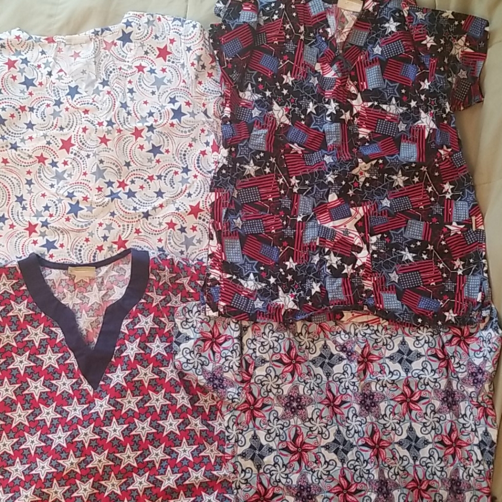 4 red, white and blue scrub tops